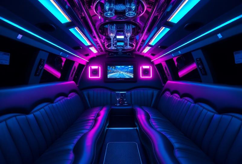 Interior luxuoso da limousine com iluminação LED, som ambiente e mini-bar - Aluguel de limousine São Paulo